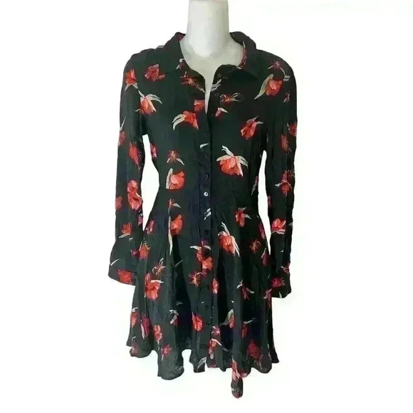 Zara Black/Red Flower Print Shirt Dress Fitted Torso Then Flirty Flair Sz XS - Picture 3 of 9